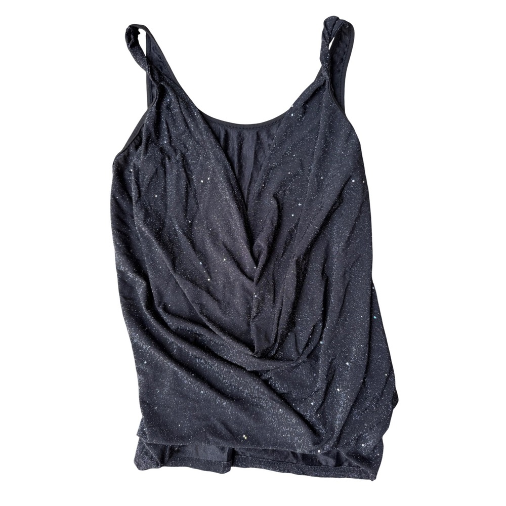 Black Shimmer Metallic Draped Tank Top Twisted Straps Glitter Size 0XL